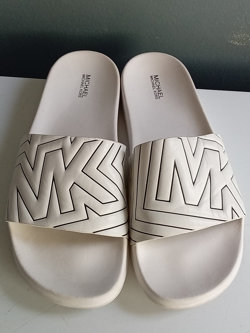 Michael Kors MK Logo Slide Sandals Cream Black Geometric Designer Shoes